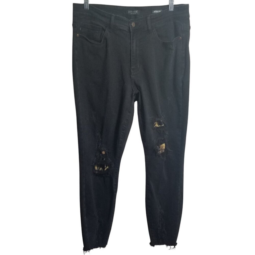 Judy Blue Women's Black Denim Leopard Patch Skinny Distressed Jeans Sz 14W